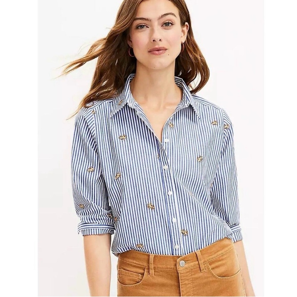 Loft blue striped button down with dogs size small
